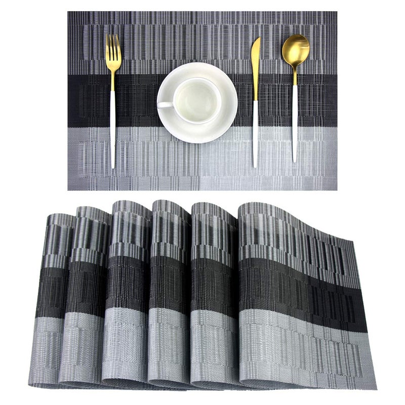 PIGCHCY Placemats,Washable Durable Woven Vinyl Placemats for Dining Table,Easy to Clean Plastic Placemats Set of 6 (Black) - Image 1